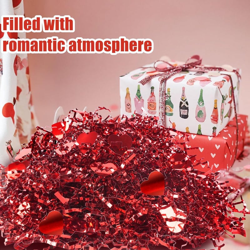 TORONTOKYO 32oz Valentine's Day Crinkle Cut Paper Shred, Red Metallic Raffia Paper Shred Filler Grass with Red Heart Confetti for Gift Wrapping, Basket Filling, Wedding, Party Supply - Image 3
